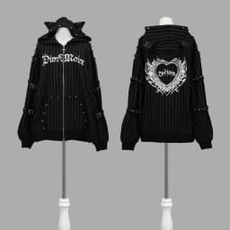 Black Cat Ear Zip Up Hoodie Japanese Subculture Women Devil Pinstripe Heart Print Oversized Metal Buckle Punk Streetwear Outfit