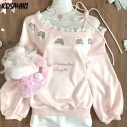 Japanese Rhinestone Cartoon Cute Sweatshirt Lace Patchwork Slash Neck Bandage Tops Y2k Aesthetic Loose Grunge Women Clothing
