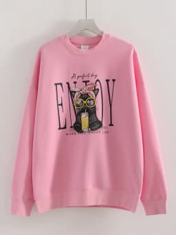 Streamgirl Women Printed Sweatshirts Oversized White Tops Loose O Neck Pink Graphic Sweatshirts For Women Cotton Pullovers