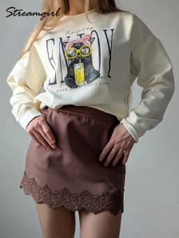 Streamgirl Women Printed Sweatshirts Oversized White Tops Loose O Neck Pink Graphic Sweatshirts For Women Cotton Pullovers