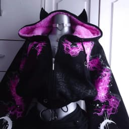Women Gothic Star Moon Print Fleece Lined Hoodie Bat Wing Back Chain Zip Up Cropped Drawstring Y2K Punk Streetwear Sweat Jacket