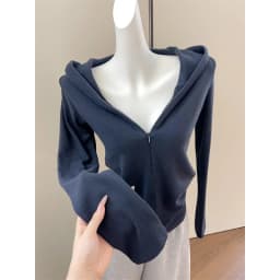 Elegant Style Zipper Hoodie Women's Loose Fit Slimming Outerwear Early Autumn Casual Style V-Neck Korean Fashion Blue