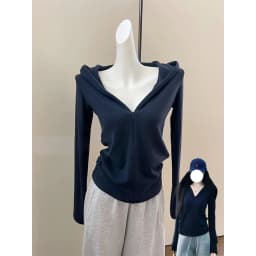 Elegant Style Zipper Hoodie Women's Loose Fit Slimming Outerwear Early Autumn Casual Style V-Neck Korean Fashion Blue