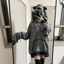 American Gothic Y2k Hoodies Jackets Women Vintage Zipper Striped Cat Ear Hooded Coats Subclture Rivet Print Fashion Sweatshirts