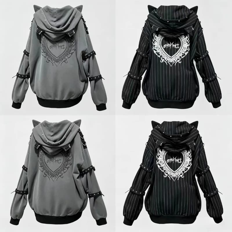 American Gothic Y2k Hoodies Jackets Women Vintage Zipper Striped Cat Ear Hooded Coats Subclture Rivet Print Fashion Sweatshirts