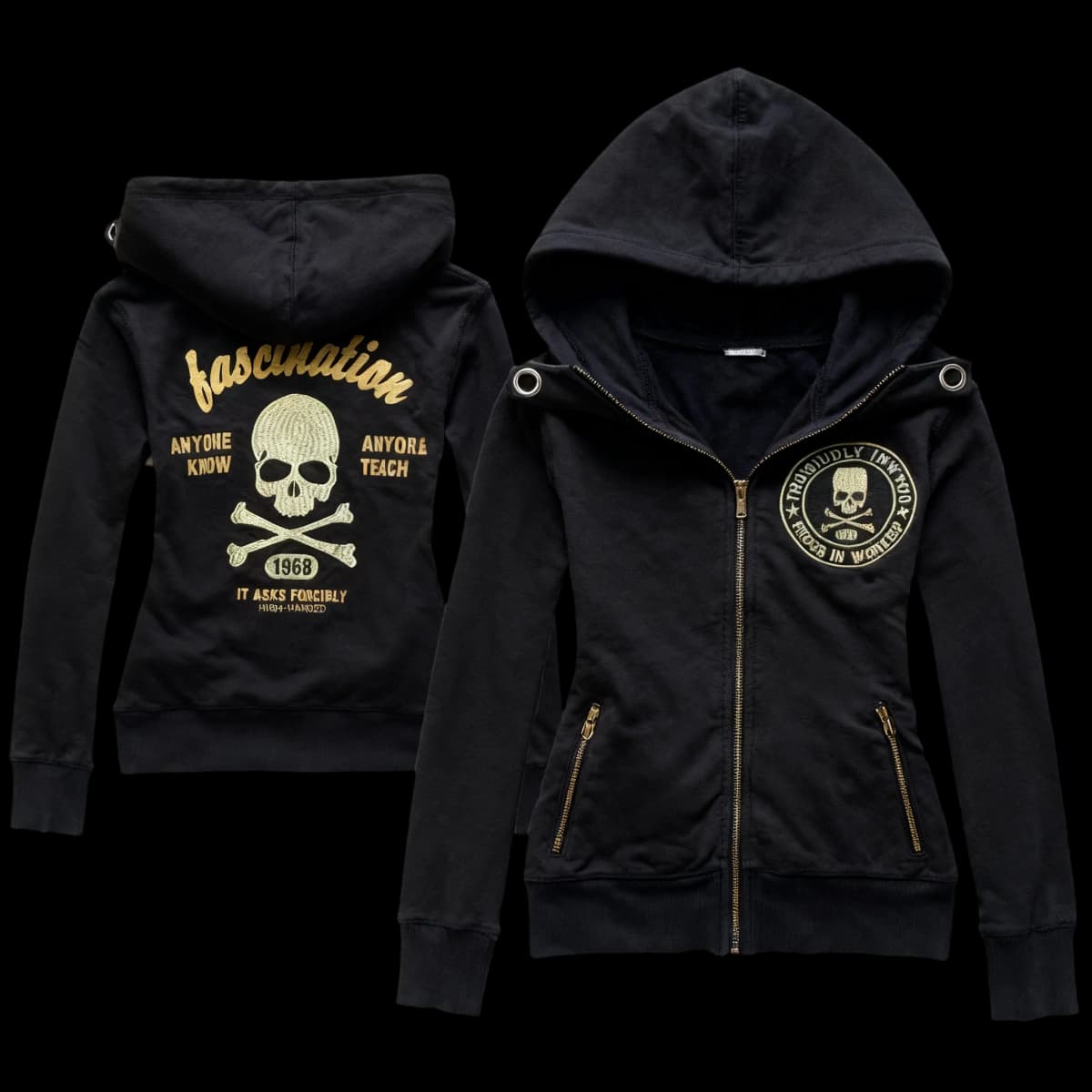 Women Punk Goth Y2K Hooded Zip Up Sweatshirt with Skeleton Cross Bones Pattern and Gold Lettering Fall Winter Streetwear Top