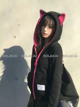 Y2K Rose Pink Big Zip Sweatshirt Women Harajuku Cute Kitten Ear Graphic Hooded Sweatshirt Gothic Black Slim Fit Hoodie Jacket