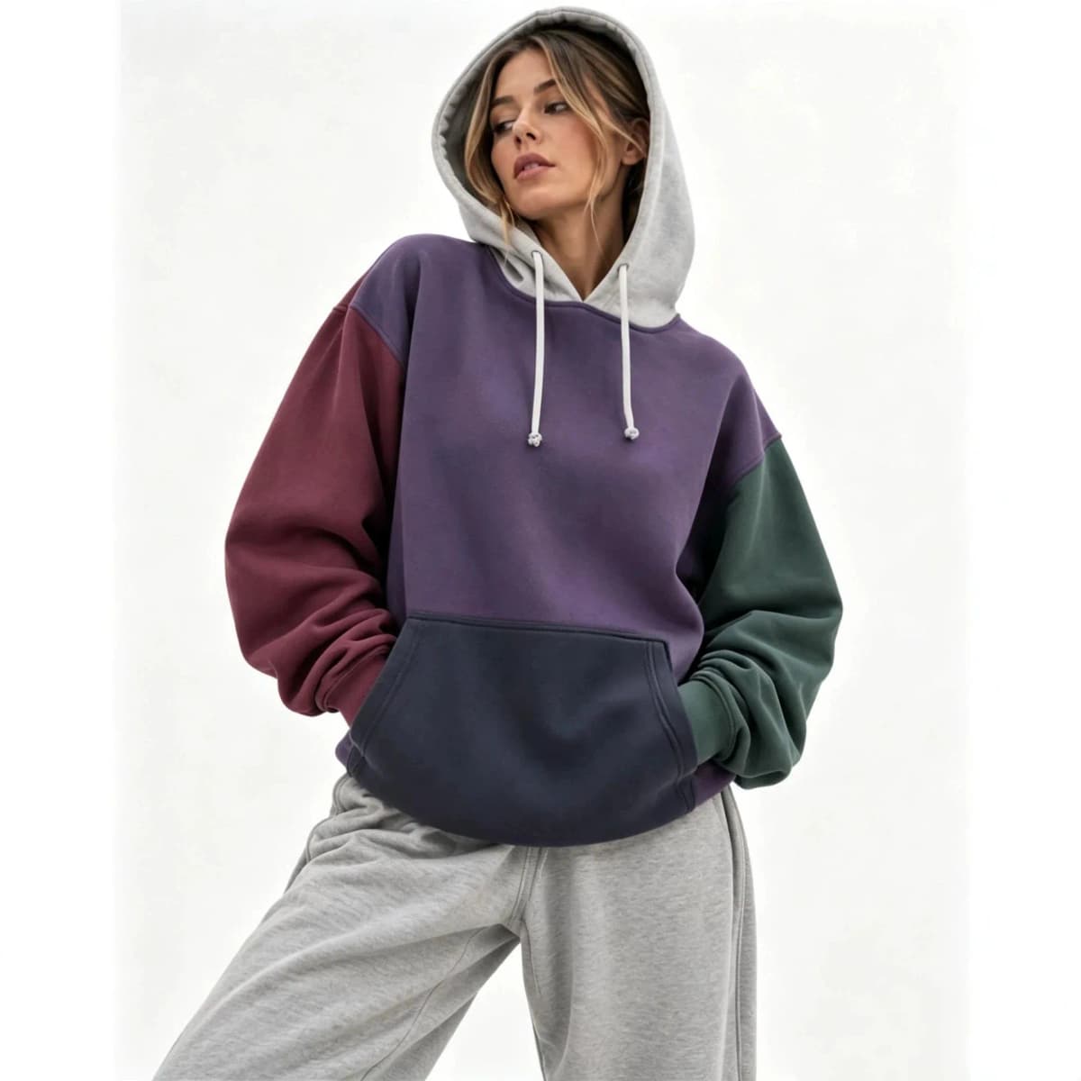 Fall Winter Patchwork Color Block Hoodie Men Women Drawstring Kangaroo Pocket Long Sleeve Oversized Streetwear Pullover