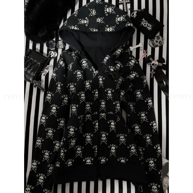 Women Hoodie Coats Hooded Y2K Tops 2026 Roap Mujer Harajuku Skull Print Zipper Sweatshirts Fashion Streetwear Casual Hoodies