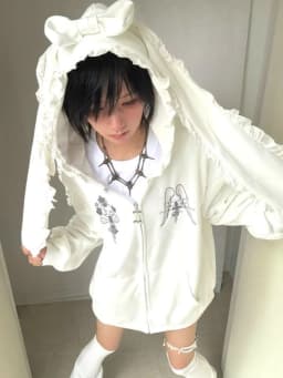 Japanese Cartoon Embroidery Grunge Rabbit's Ears Hoodies Women Casual Loose Zipper Sweatshirt Y2k Aesthetic Vintage Autumn Hoody