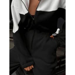 Color Block Tracksuit Jumpsuit Women Half Zip Hoodie Long Sleeve Elastic Waist Casual Sporty Streetwear One Piece Outfit