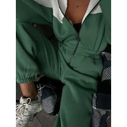 Color Block Tracksuit Jumpsuit Women Half Zip Hoodie Long Sleeve Elastic Waist Casual Sporty Streetwear One Piece Outfit