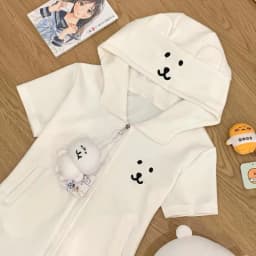 Deeptown Japanese Style Kawaii Hoodies Women Cartoon Lolita Short Sleeve Sweatshirt Cutecore Oversize Casual Zipper Cardigan