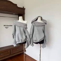 Laid-back Style Loose Fit Overhead Hoodie Women Early Autumn Shoulder-baring One-Shoulder Two-Way Wear Sweatshirt Korean Style