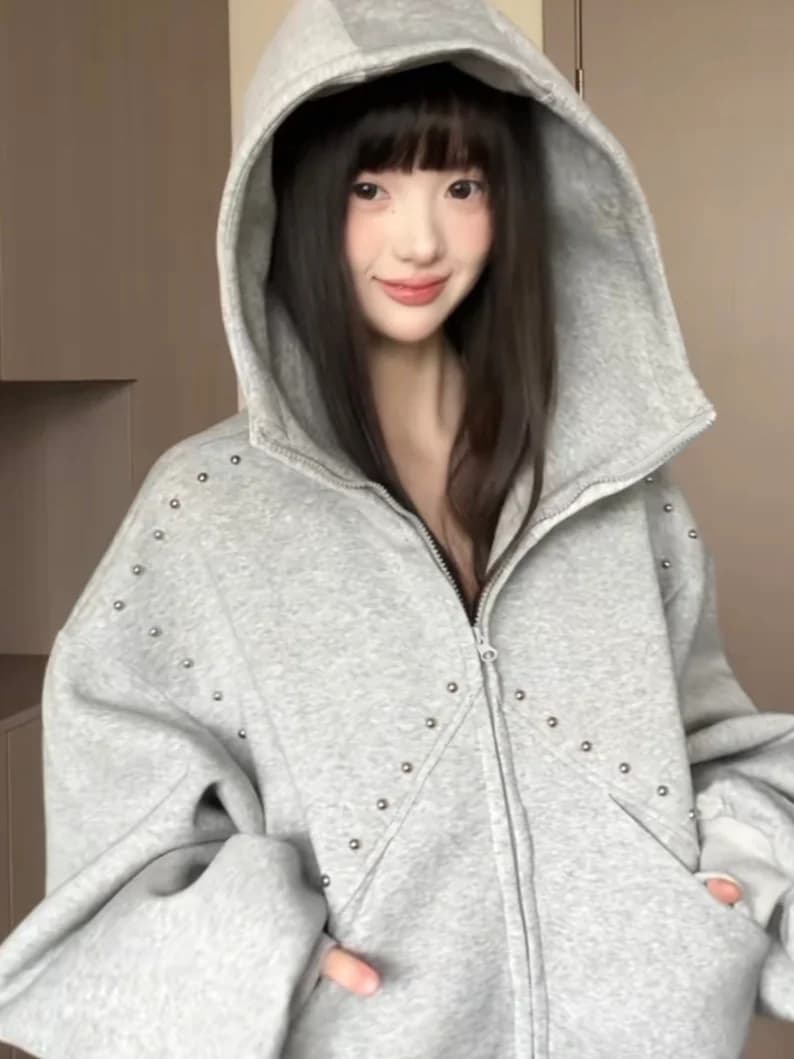 Original Design Rivet Patchwork Hoodie Men's Autumn American High Street Couple Open Cardigan Jaet Loose Fit Kangaroo...