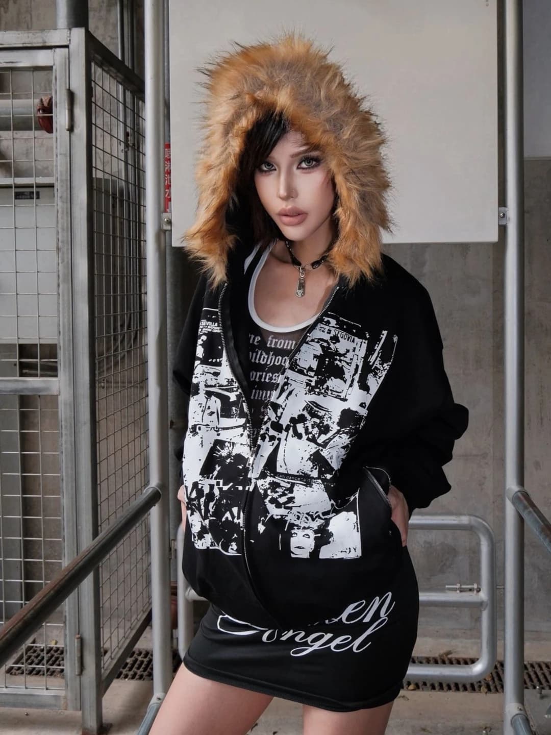 American Retro Sweatshirts Faux Fur Zipper Hoodie Long Sleeve Japanese Y2K Hrajuku Subculture Gothic Punk Style Streetwear