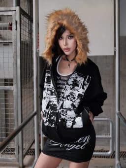 American Retro Sweatshirts Faux Fur Zipper Hoodie Long Sleeve Japanese Y2K Hrajuku Subculture Gothic Punk Style Streetwear