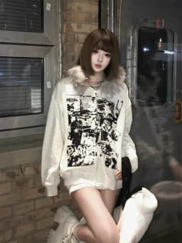 Subcultre Y2K Hoodie Faux Fur Hoodie Long Sleeve Y2K Retro Print Gothic Punk Style Streetwear Vintage Autumn Winter Sweatshirts