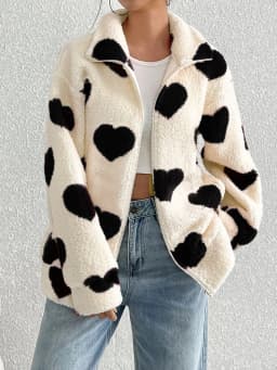 Autumn Winter Plush Love Print Cardigan Coat Women Fashion Loose Lapel Zipper Fluffy Coats Comfortable Casual Female Clothing
