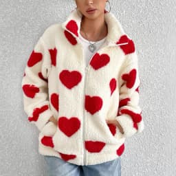 Autumn Winter Plush Love Print Cardigan Coat Women Fashion Loose Lapel Zipper Fluffy Coats Comfortable Casual Female Clothing