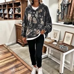 Women Vintage Floral Print Velvet Hoodie Long Sleeve Drawstring Pullover Casual Loose Fall Flower Pattern Streetwear Sweatshirts