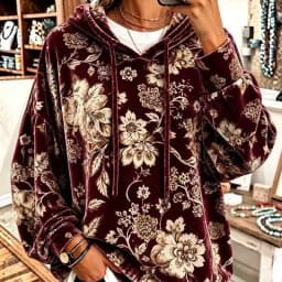 Women Vintage Floral Print Velvet Hoodie Long Sleeve Drawstring Pullover Casual Loose Fall Flower Pattern Streetwear Sweatshirts