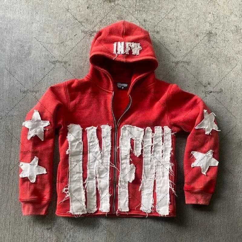 star pattern patchwork sweater letters long-sleeved pullover hoodie loose and fashionable trendy original street style vintage
