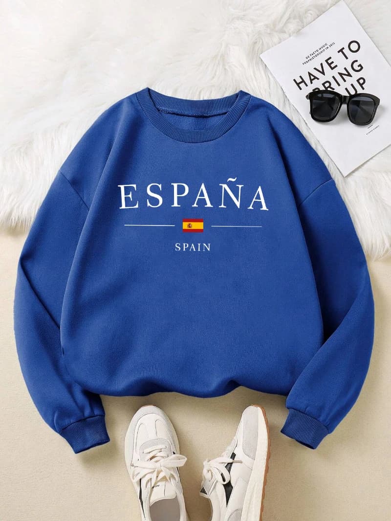 España Spain Flag Design Womens Y2K Sweatshirts All-Match Loose Pullover Autumn Fleece Streetwear Casual O-Neck Clothing