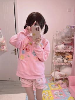 Cute Sweet Japanese Style Plaid Hoodie Long Sleeve Children's Fun Amusement Park Pink Outfit Women's Fashion Commute Style