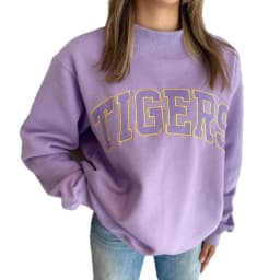 Women Vintage Preppy Casual Mock Neck Sweatshirt TIGERS Arch Letter Embroidery Oversized Drop Shoulder Long Sleeve Pullover Top