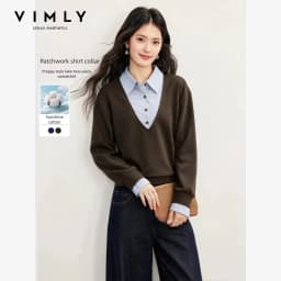 VIMLY Fake Two-piece Striped Collar Sweatshirt for Women 2026 Autumn Coffee Color Commute Casual Loose-fit Female Pullover A7577