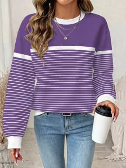 Women's Long Sleeved Round Neck Daily Casual Versatile Pullover Tops 3D Striped Splicing Regular Sweatshirt