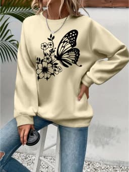 Women's Autumn and Winter Casual Loose Warm Print Comfortable Plus Velvet Long-Sleeved Round Neck Sweatshirt