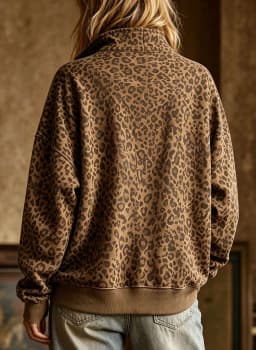 Women's Autumn Autumn Zipper Loose Hoodies Sweatshirt Turn Collar Leopard Print Long Sleeve Pullover