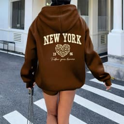 Women's Autumn and Winter Fashion Casual Sports Loose Los Angeles Print Fleece Warm Long Sleeved Pocket Hooded Sweatshirt