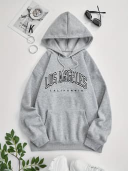 Women's Autumn and Winter Fashion Casual Sports Loose Los Angeles Print Fleece Warm Long Sleeved Pocket Hooded Sweatshirt