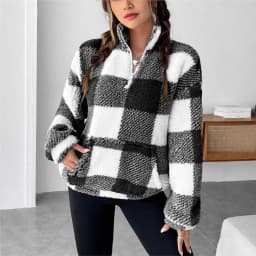 Fashion Short Checkered Semi-open Collar Plush Women's Hoodie New Autumn Winter Casual Warm Versatile Female Long-sleeved Hoodie