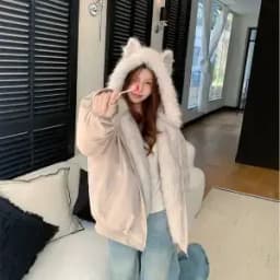 American Retro Jacket Hooded Women Casual Faux Fur Pure Color Vintage Longe Sleeve Sweatshirt Aesthetics Parkas Autumn Clothing
