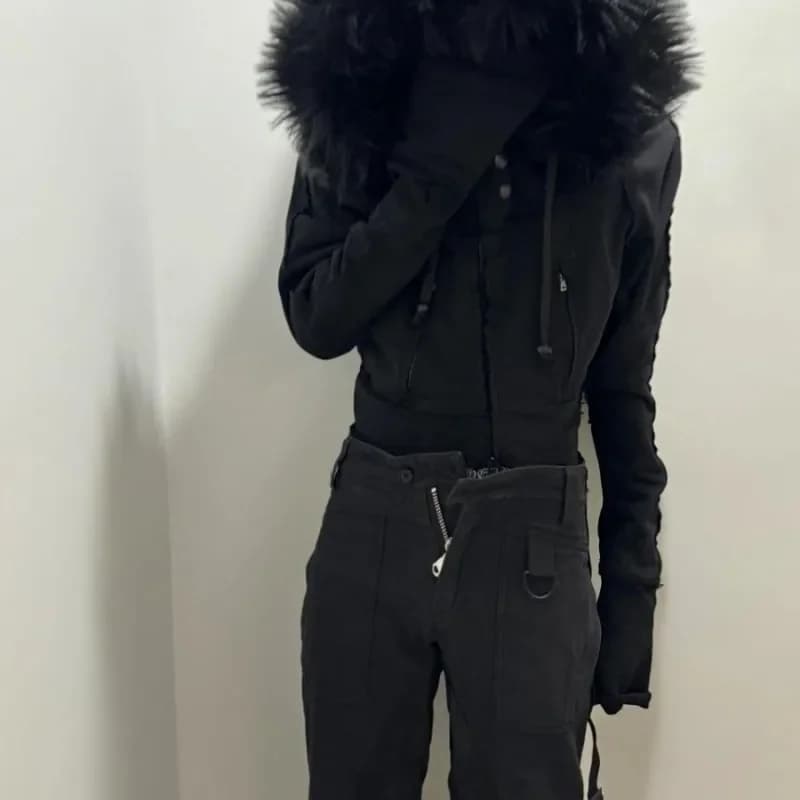 Japanese Vintage Fur Patchwork Hoodie Sweatshirts 2025 All-match Black Cardigan Coat Women Autumn Slim Fit Long Sleeve Tops