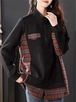 Korean Style Patchwork Loose Long Sleeve Hoodie Grid Splicing Stand Collar Zipper Splicing Large Size Top for Women