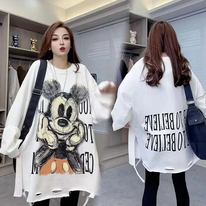 Extra Large 2300 Pounds Hong Kong Style Retro Chic Loose Long Sleeve Hoodie Women's Korean Version Hole Design Trendy Top