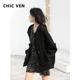 CHIC VEN Women's Hoodies Sweatshirts Casual Solid Loose Drawstring Jackets Korean Female Clothes Streetwear Spring New 2024