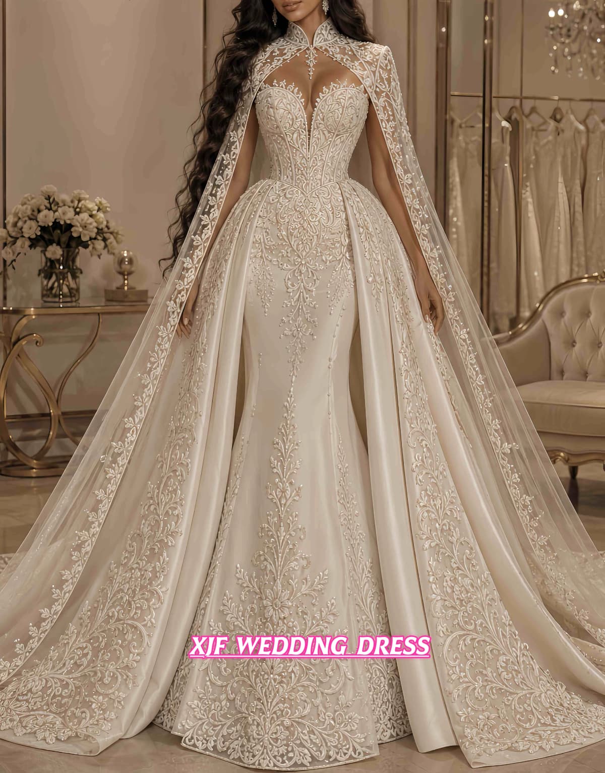 Customized Mermaid Wedding Dress V-Neck Shawl Sleeveless Detachable Train Two-In-One Vestidos De Novia