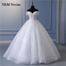 Y&m Novias Glitter vory Wedding Dresses Lace Beaded Ball Gown Cheap Off The Shoulder Short Sleeve Bridal Customized Plus Size