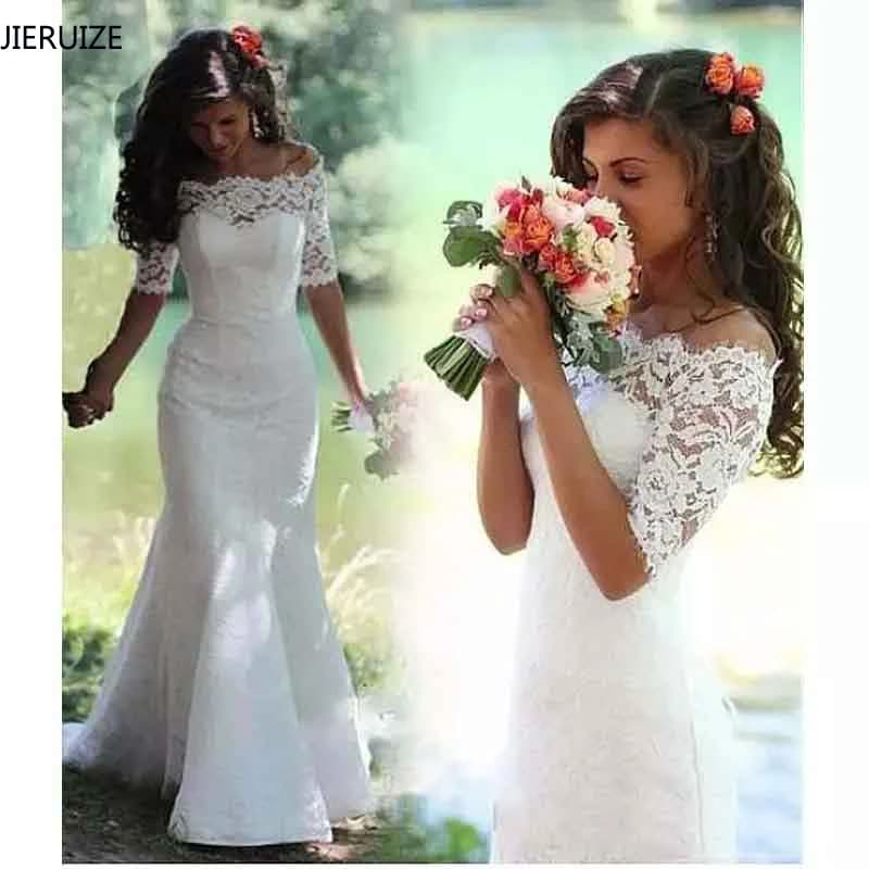 Lace Boho Mermaid Wedding Dresses Half Sleeves Off The Shoulder Beach Bridal Dresses Elegant Wedding Gowns