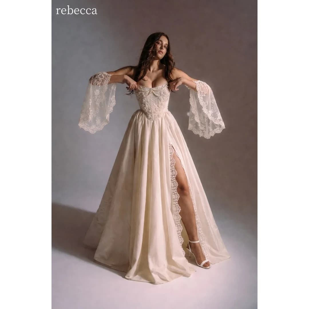 Rebecca Customized Sweetheart Neck Detachable Bell Sleeves Prom Dress A-Line High Side Split vestidos de noche Corset Formal
