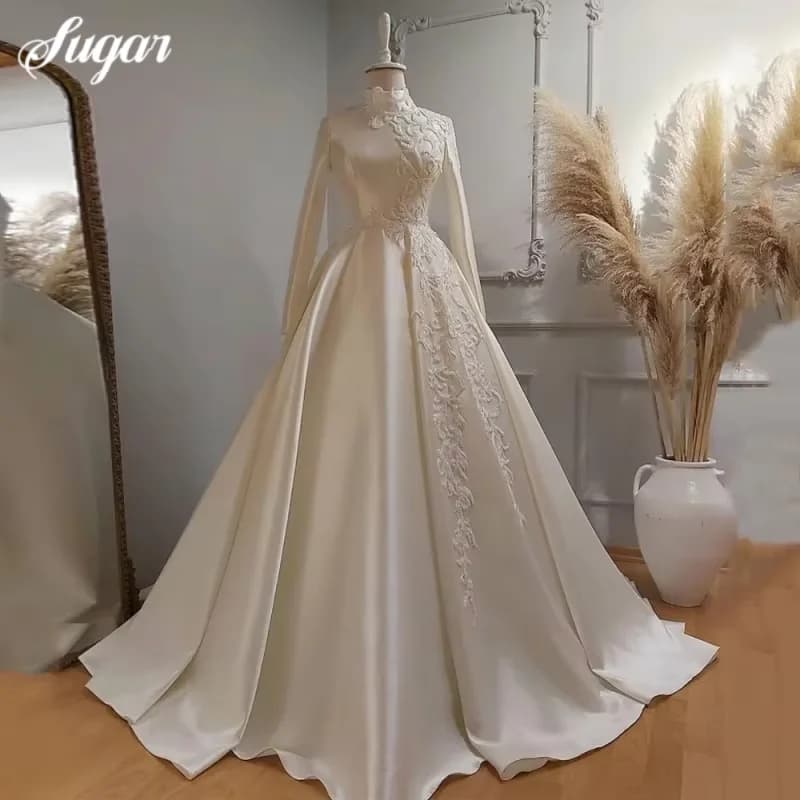 Customized Elegant Satin Wedding Dress Muslim Bridal Gown A-Line 2025 Heavy Beading HIgh Neck Boho Bridal Gown Robe De Soire