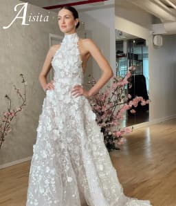 Party Dresses Halter Neck A-Line Sleeveless Lace Applique Backless vestidos de noiva Floor-Length Evening Dresses For Women