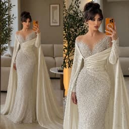 Elegant Pearls Wedding Dresses O Neck Mermaid Bridal Gowns with Cape Long Sleeve Customized Vestidos De Novia
