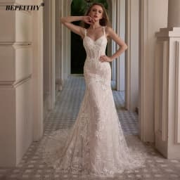 BEPEITHY Customized Luxury Beading Mermaid Wedding Dresses 2025 V Neck Sleeveless Lace Trumpet Ivory Bride Champagne Bridal Gwon